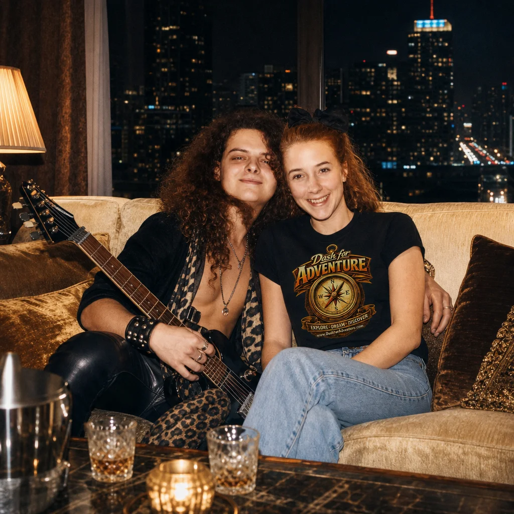 Create an image of these two young people, she is wearing a shirt with the dash for adventure logo in image 2 and he is dressed as a long haired hair metal guitairist behind the scenes with his wife they are sitting in a fancy hotel room on a plush couch with night time views of a big city in the background as if they were living the rockstar life.

AVAILABLE SOURCE IMAGES: 2.
Use only the source images that are actually attached to this request.
If the user text mentions additional numbered im…