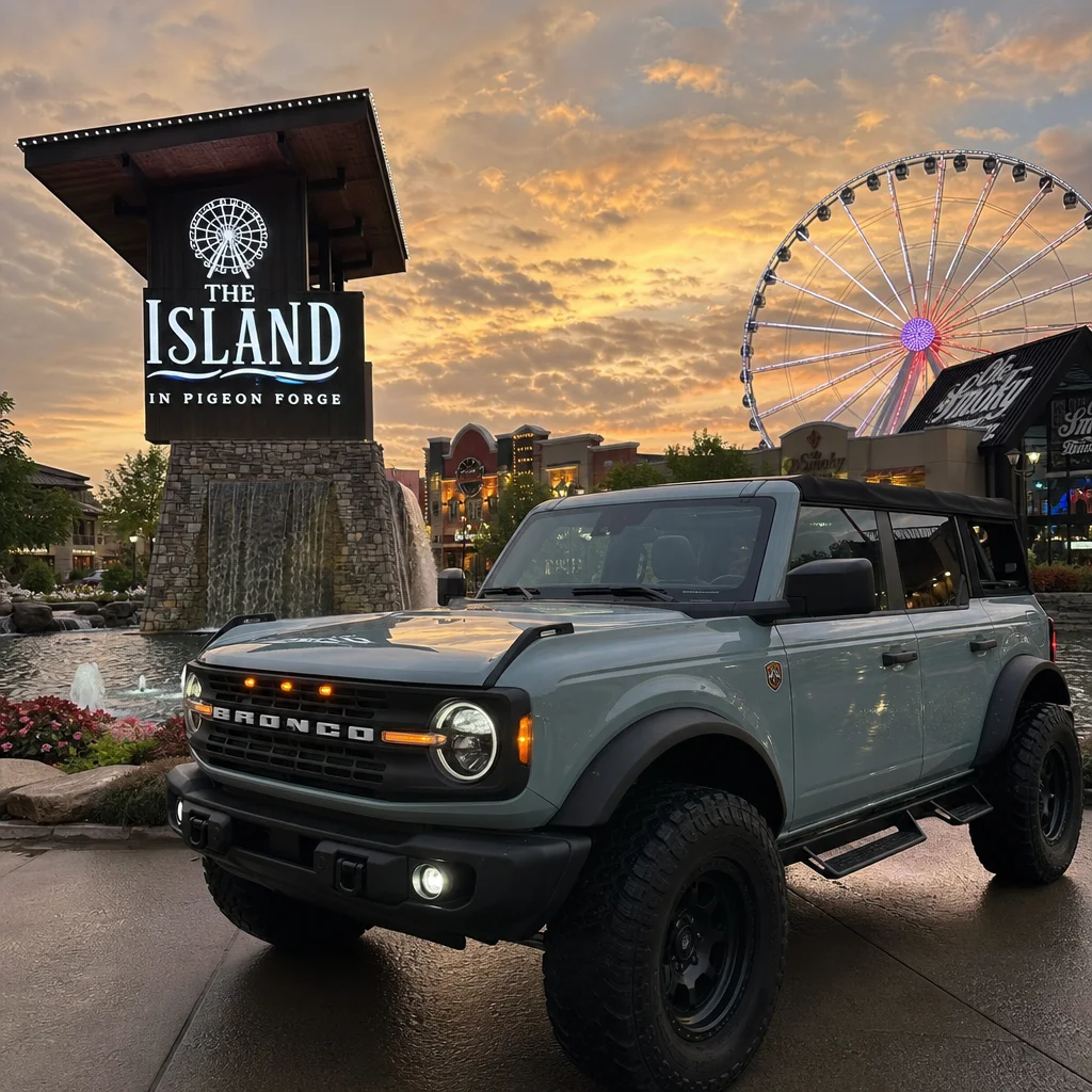 Create an image of my bronco at thrbisland in pigeon forge.n